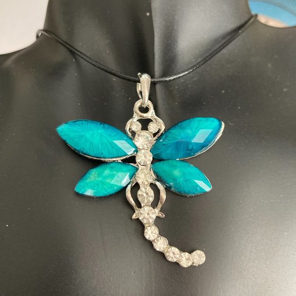 Vtg Dragonfly Necklace Pendant Insect Aqua Crystal Silver Plated Black Cord 18" - Picture 3 of 10